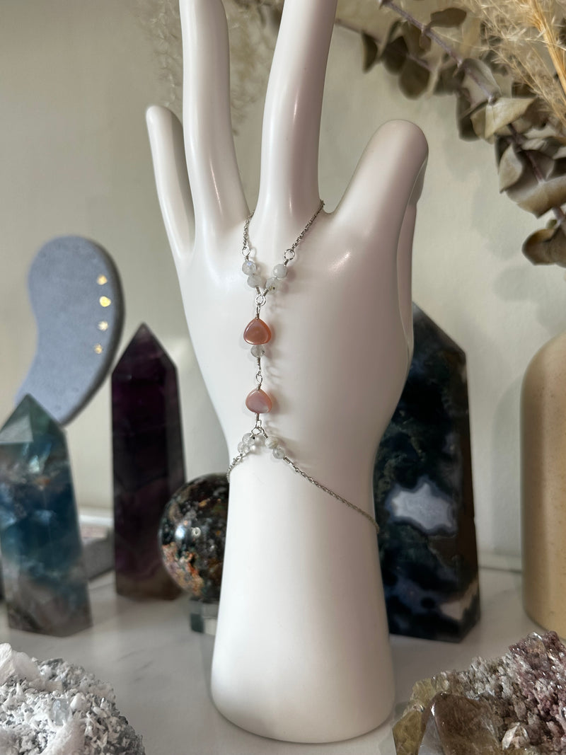 Rainbow Moonstone & Pearl Sterling Silver Hand Chain