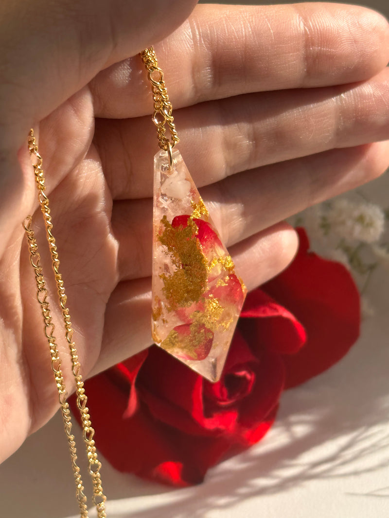 “Love Yourself Pendulum” Real 24k Gold flakes, Rose Quartz and Roses Gold Filled Necklace