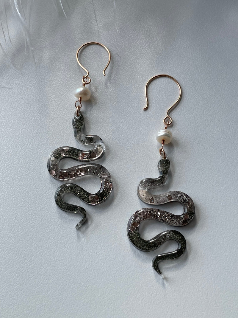 “The Feminine" Pyrite & Pearl 14k Rose Gold Filled Wire Snake Earrings