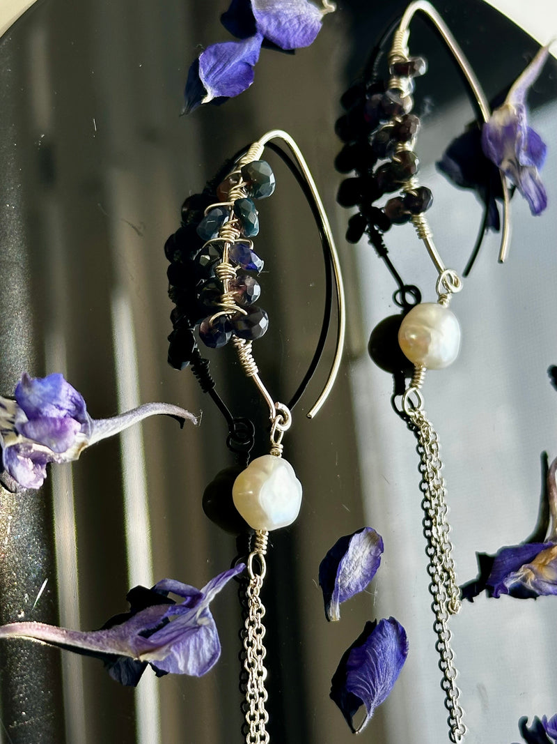 Black Opal & Pearl Sterling Silver Dangle Earrings