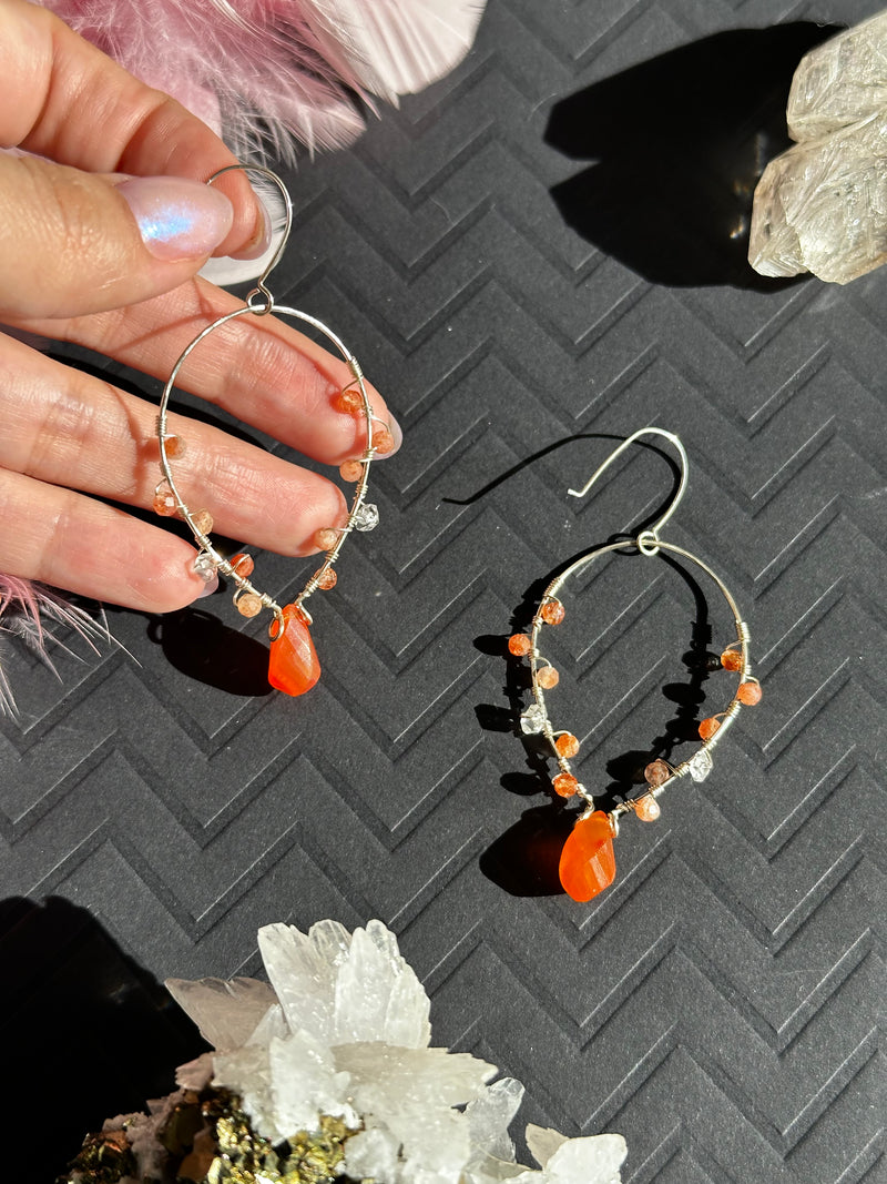 Carnelian, Sunstone & Herkimer Wired Sterling Silver Earrings