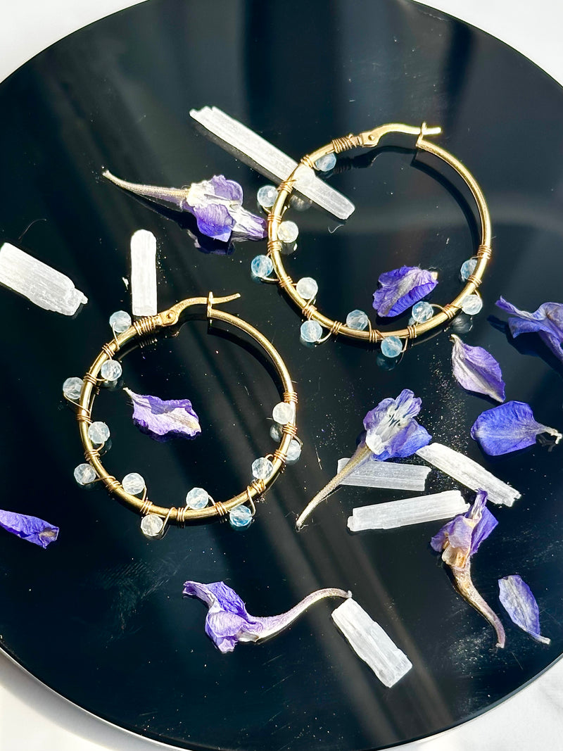 14k Solid Gold Aquamarine Hoops