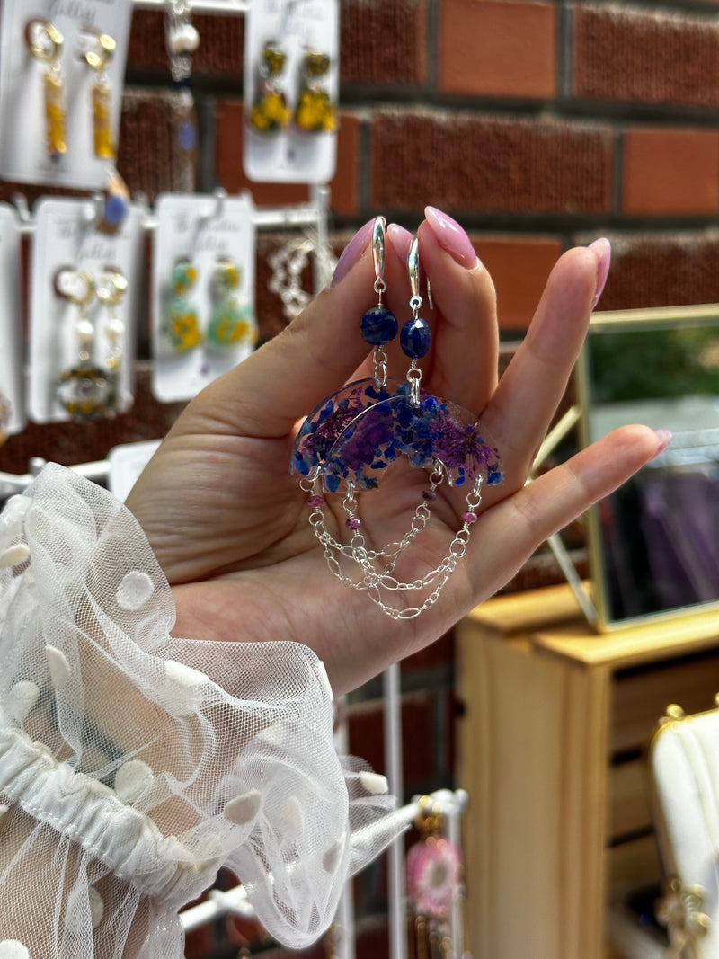 Rubies, Lapis Lazuli & Dried Flowers Sterling Silver Earrings