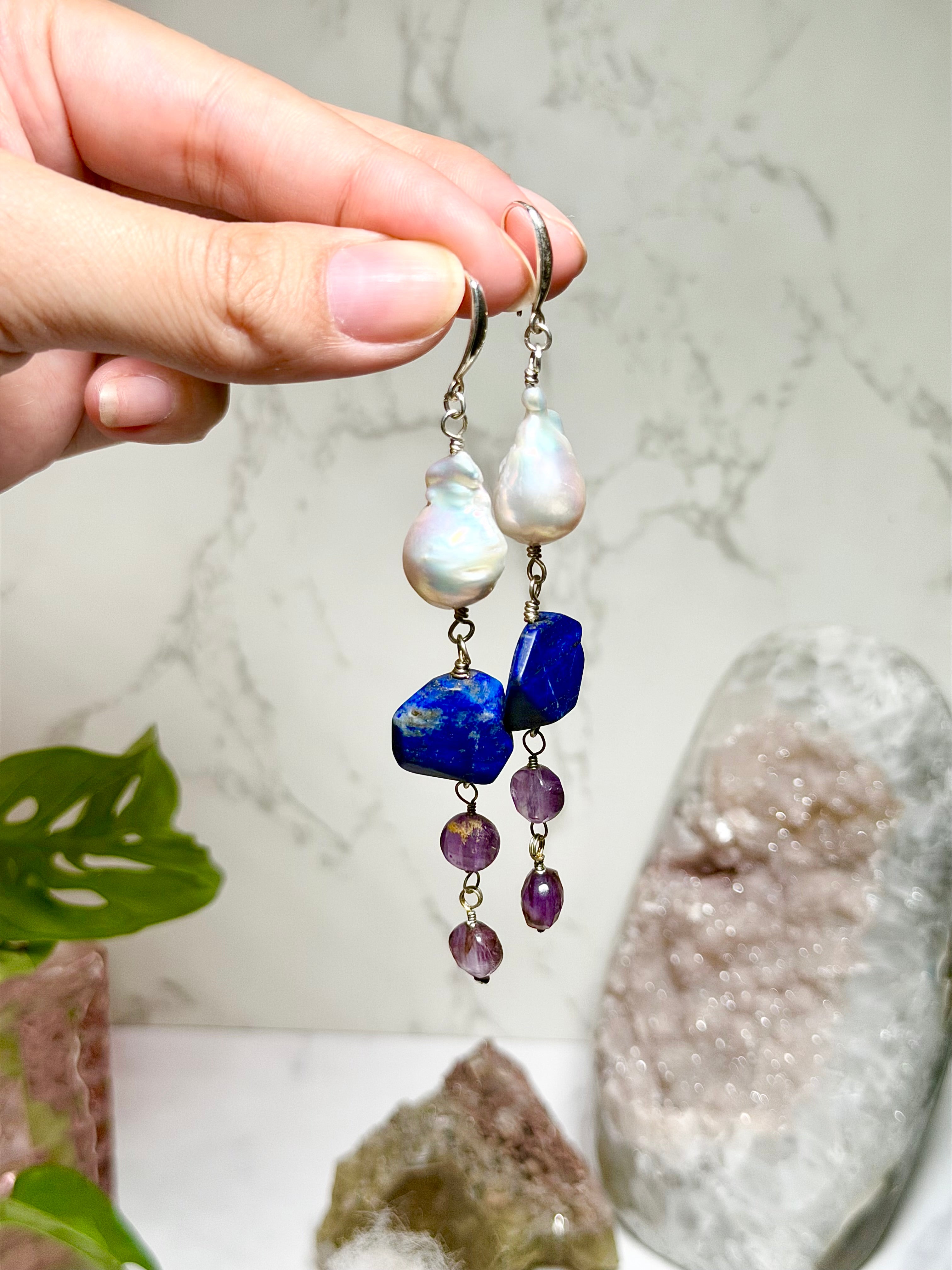 Baroque Pearl, Lapis Lazuli & Super 7 Sterling Silver Dangle Earrings
