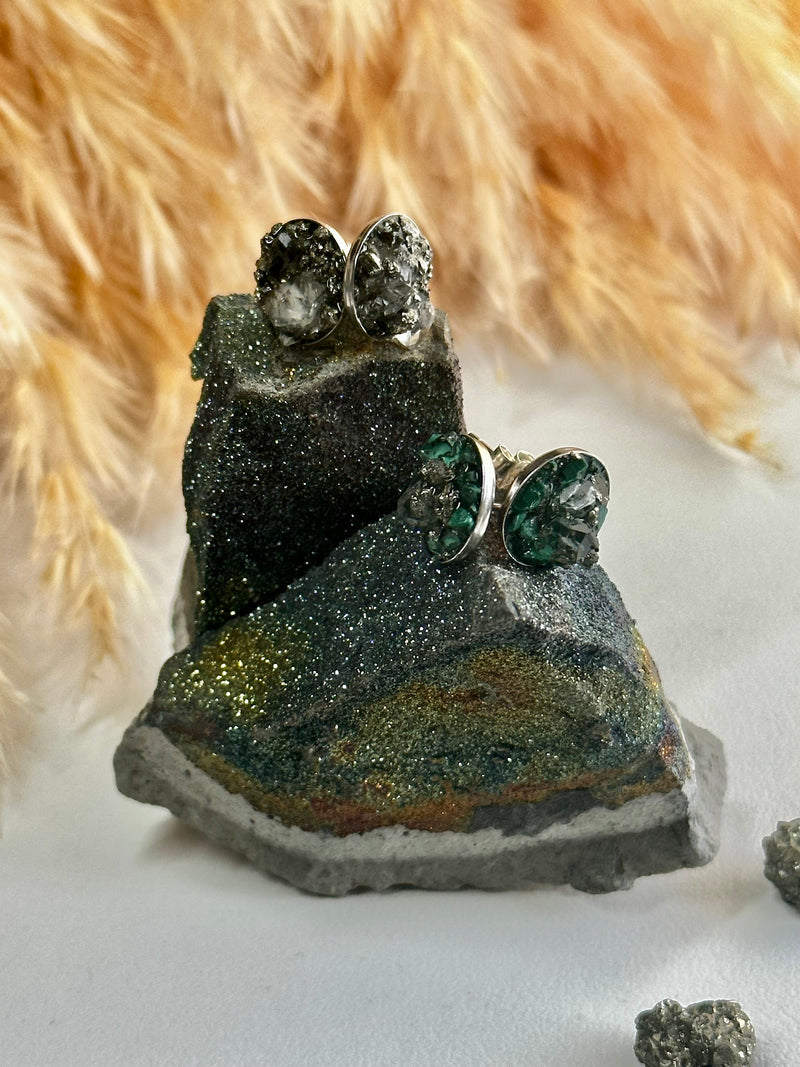 “Rawness” Herkimer Diamond, Malachite & Pyrite Studs