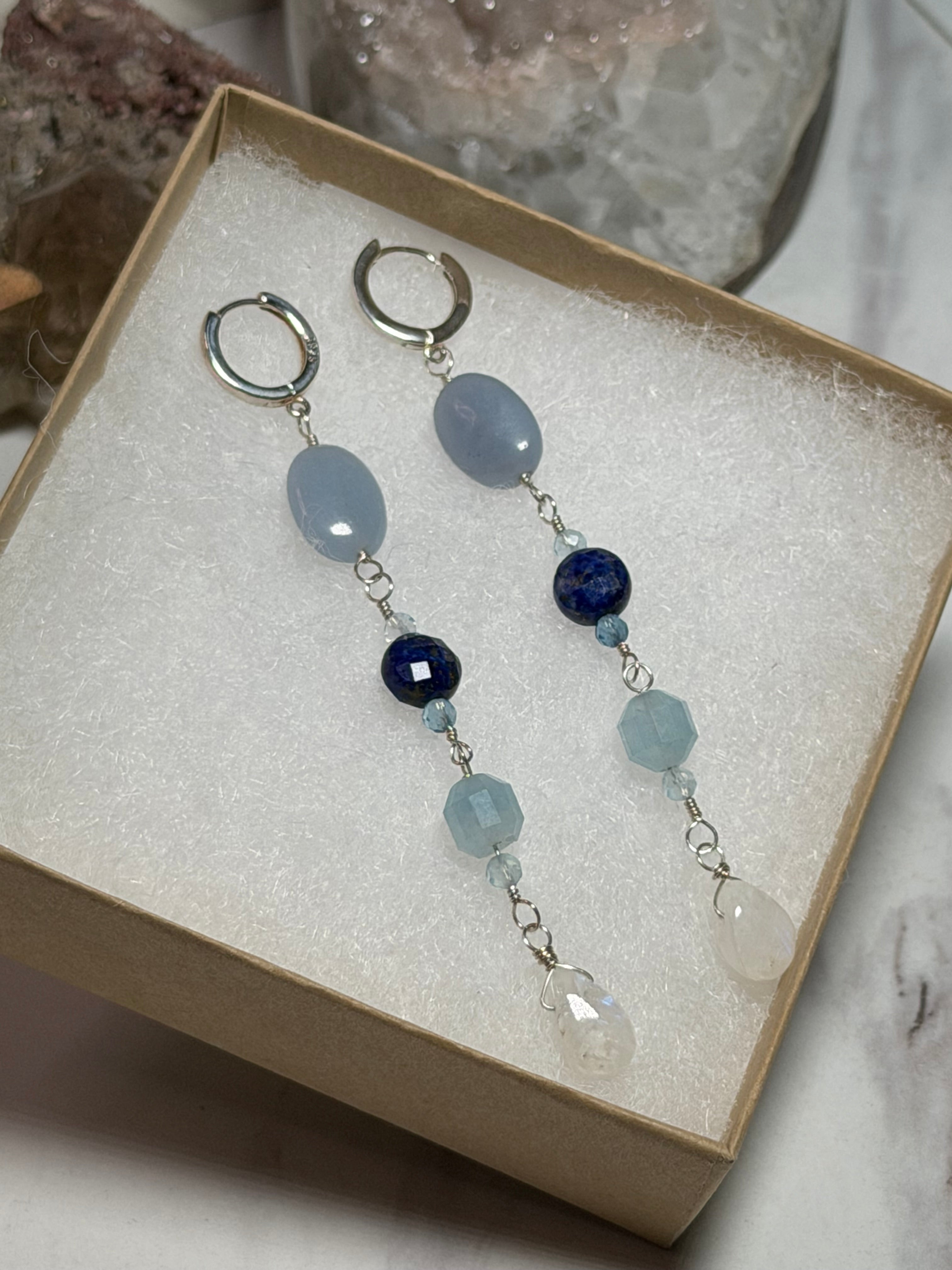 Angelite, Aquamarine, Lapis Lazuli & Moonstone Sterling Silver Dangle Hoops