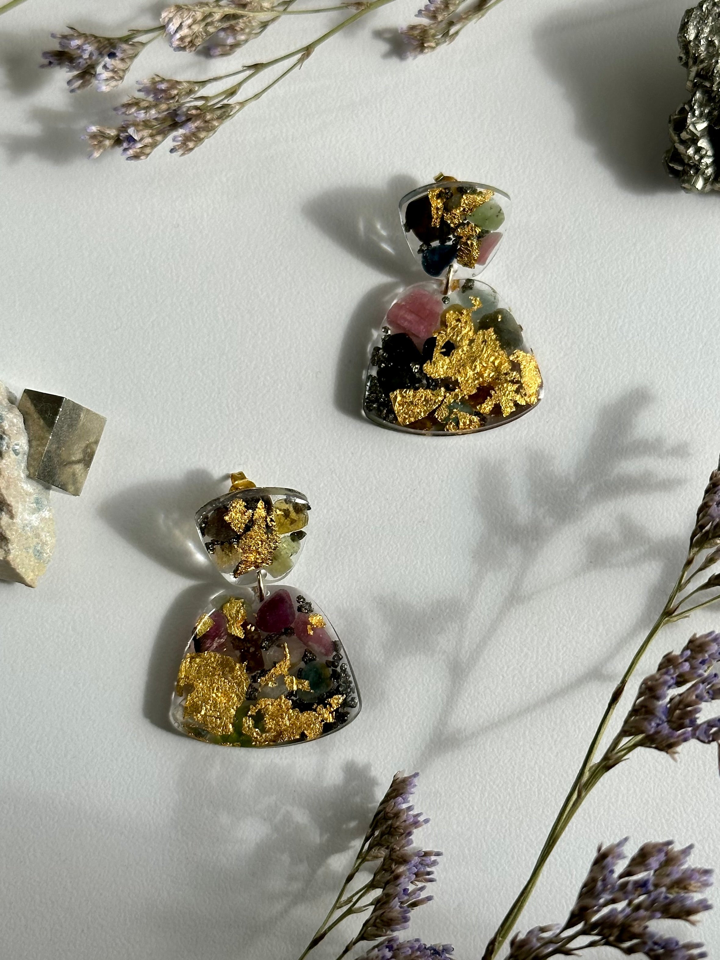 24k Gold with Watermelon Tourmaline & Pyrite Stainless Studs