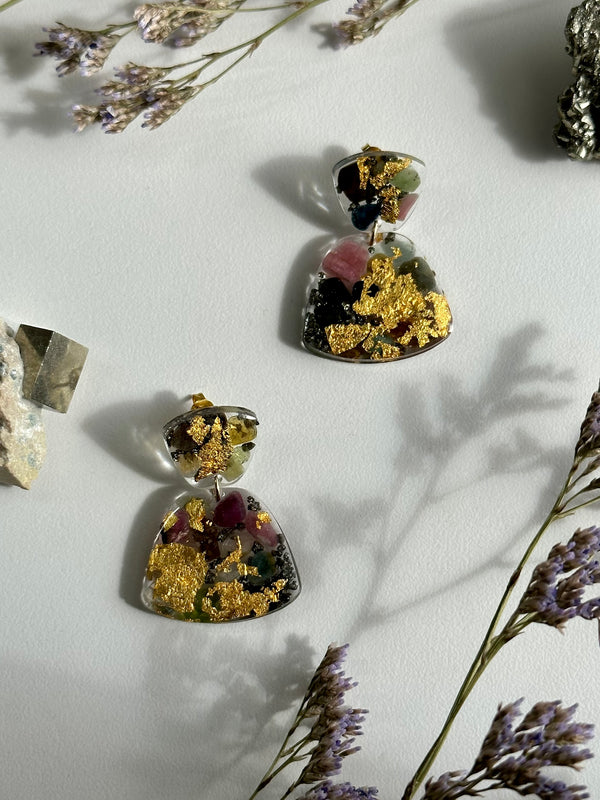 24k Gold with Watermelon Tourmaline & Pyrite Stainless Studs