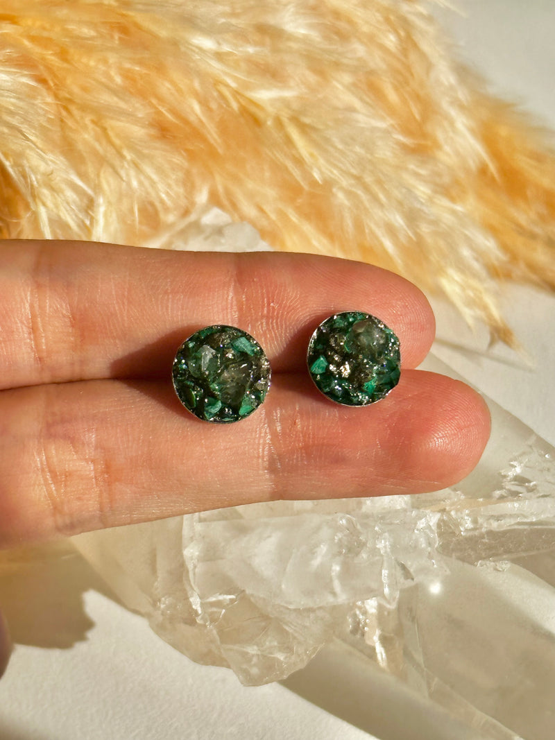 “Rawness” Herkimer Diamond, Malachite & Pyrite Sterling Silver Studs