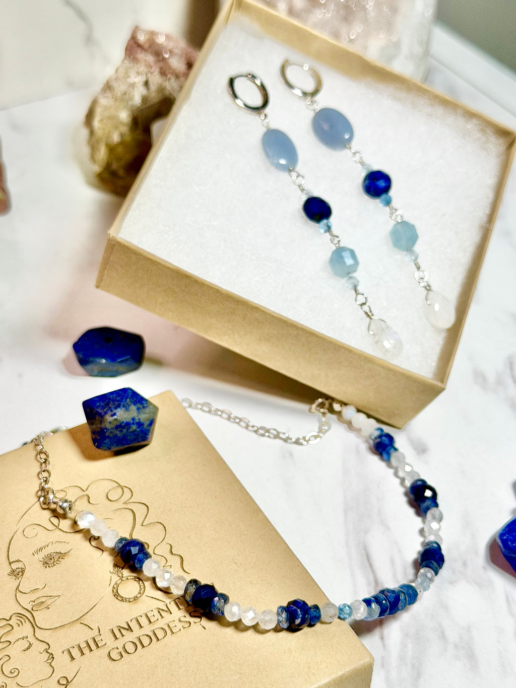Angelite, Aquamarine, Lapis Lazuli & Moonstone Sterling Silver Dangle Hoops