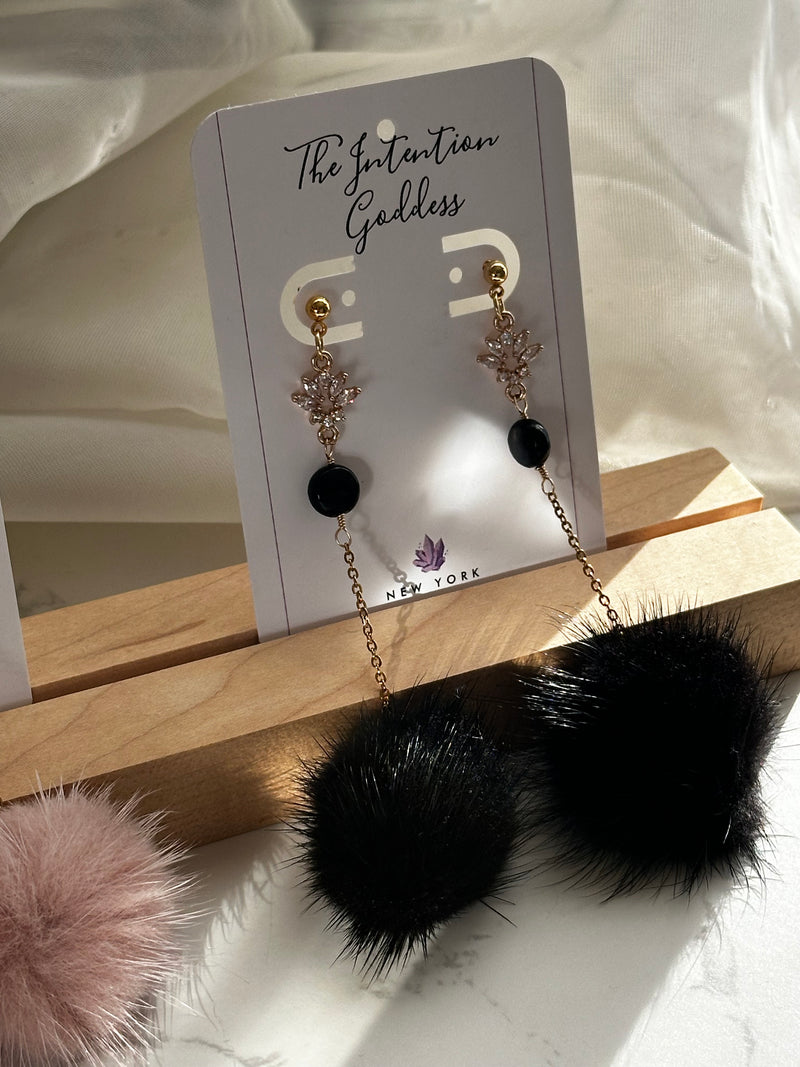 “Fluffin” Rose Quartz or Shungite Pom Pom Dangle Earrings