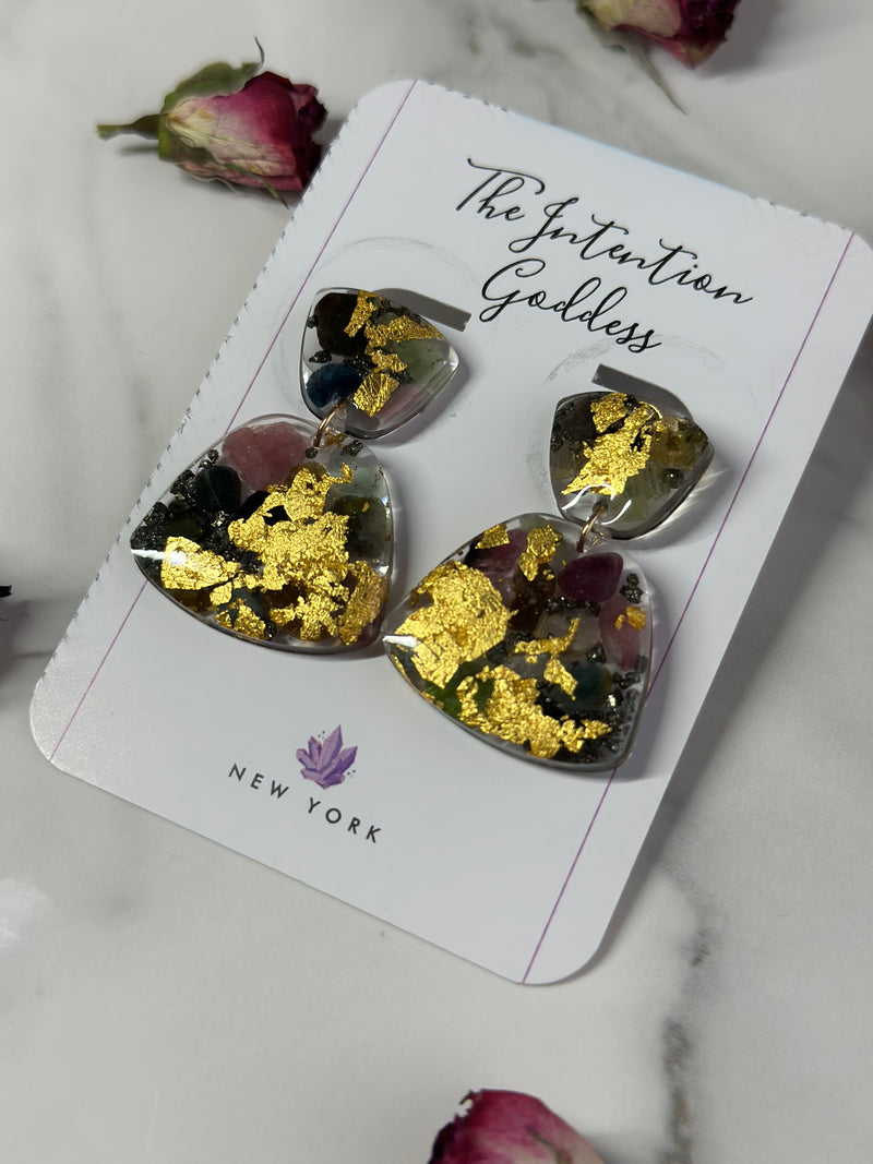 24k Gold with Watermelon Tourmaline & Pyrite Stainless Studs