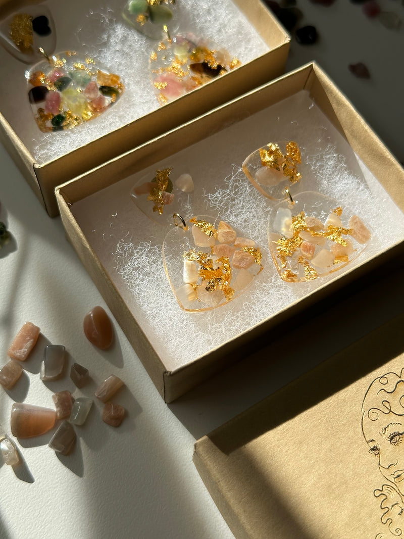 “Goddess of Abundance” Rose Quartz, Peach Moonstone, Watermelon Tourmaline, Dangle Studs
