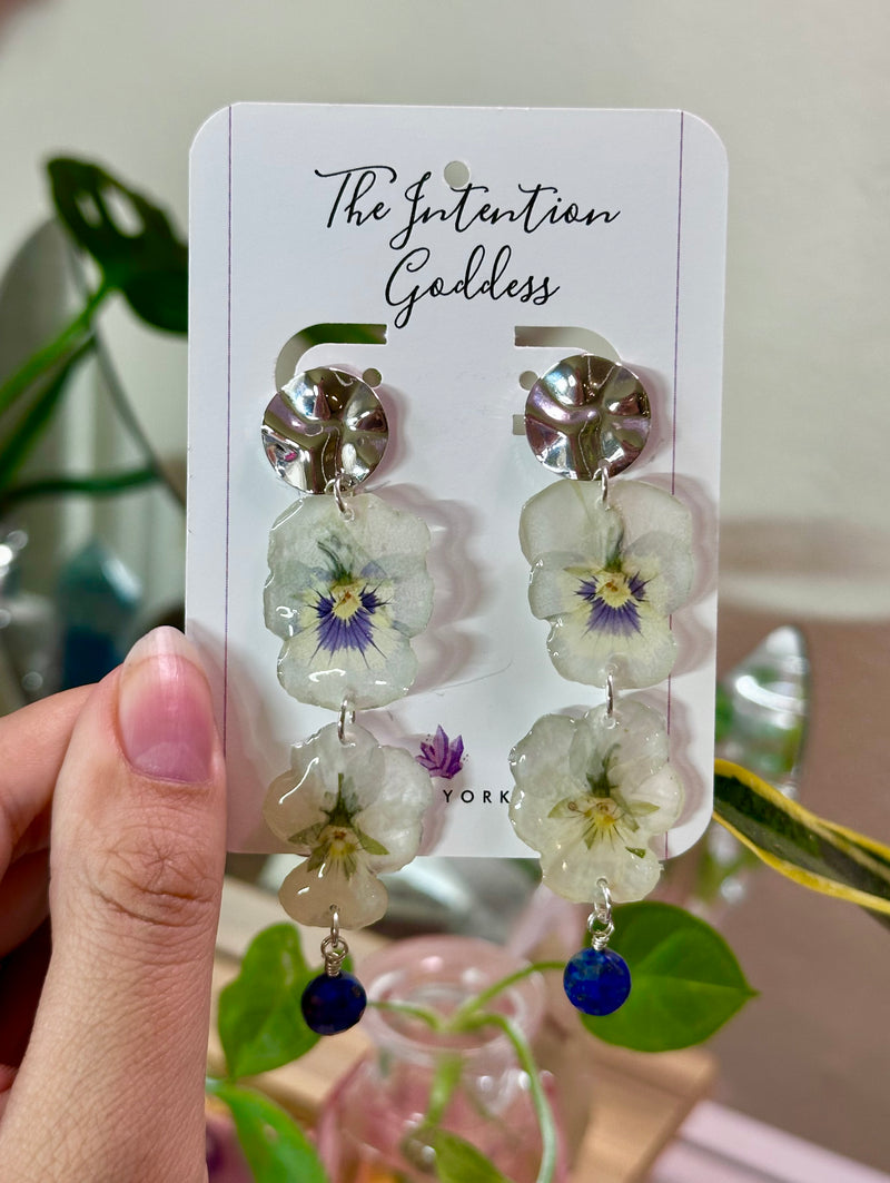 Lapis Lazuli & Dried Flowers Dangle Earrings