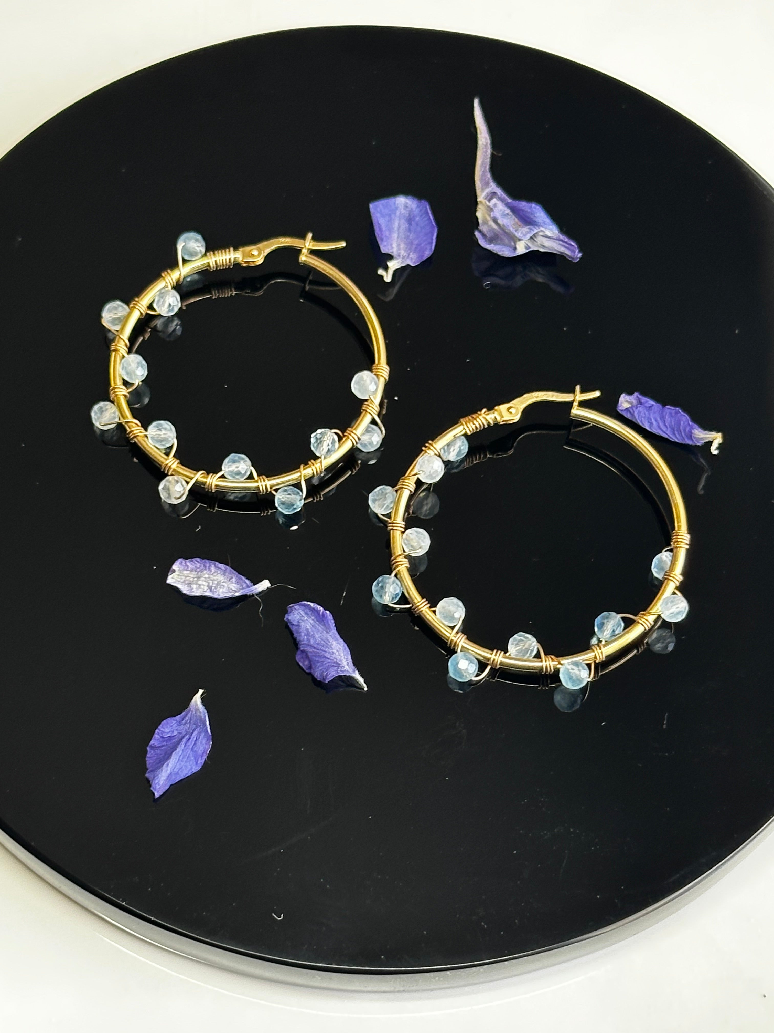 14k Solid Gold Aquamarine Hoops
