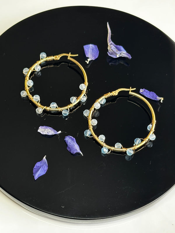 14k Solid Gold Aquamarine Hoops