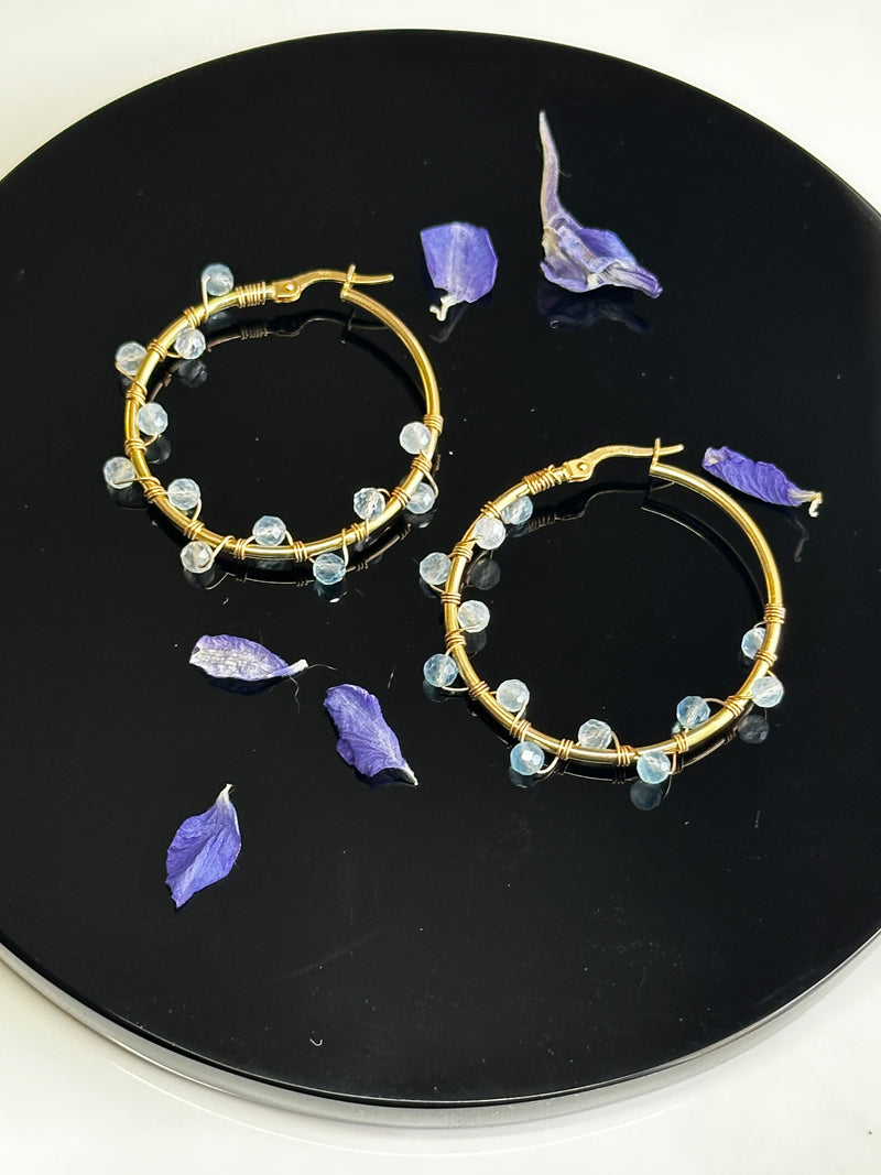 14k Solid Gold Aquamarine Hoops