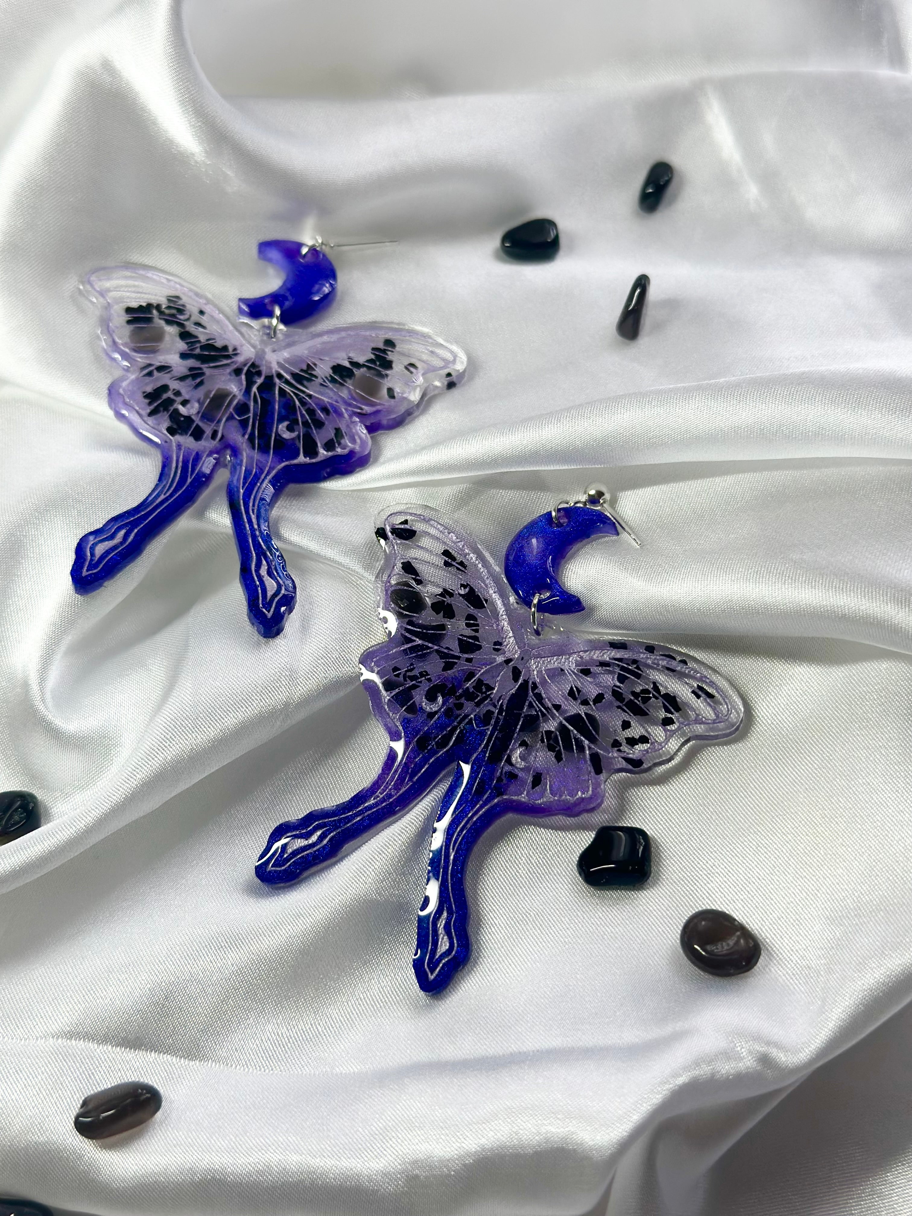 “Lunar Moth” Black Obsidian & Black Tourmaline Earrings