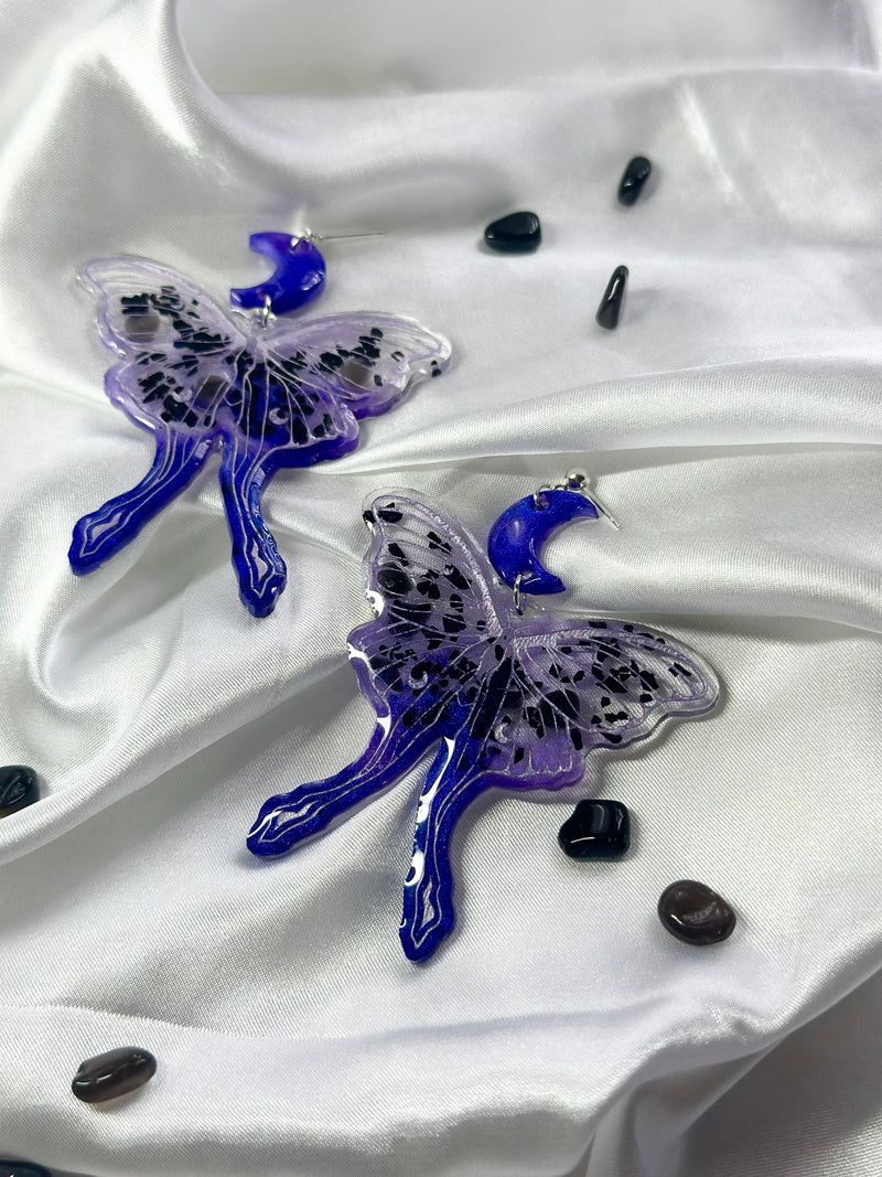 “Lunar Moth” Black Obsidian & Black Tourmaline Earrings