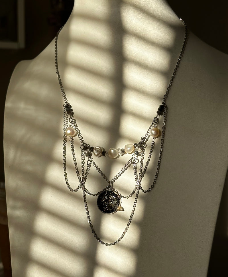 “Noche" Black Tourmaline, Petroleum Quartz, Black Labradorite, Herkimer Diamond & Pearls Stainless Steel Necklace