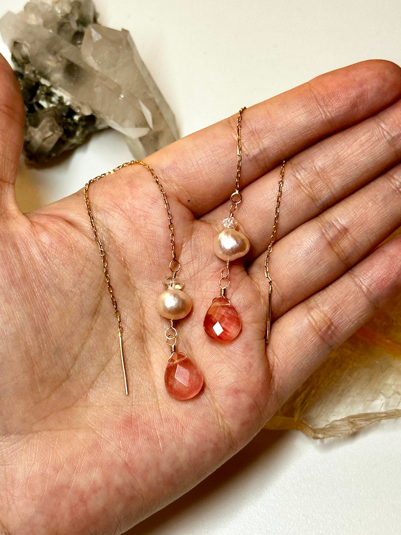 14k Solid Gold Pair of Threaders with Herkimer Diamond, Pearls & Strawberry Quartz