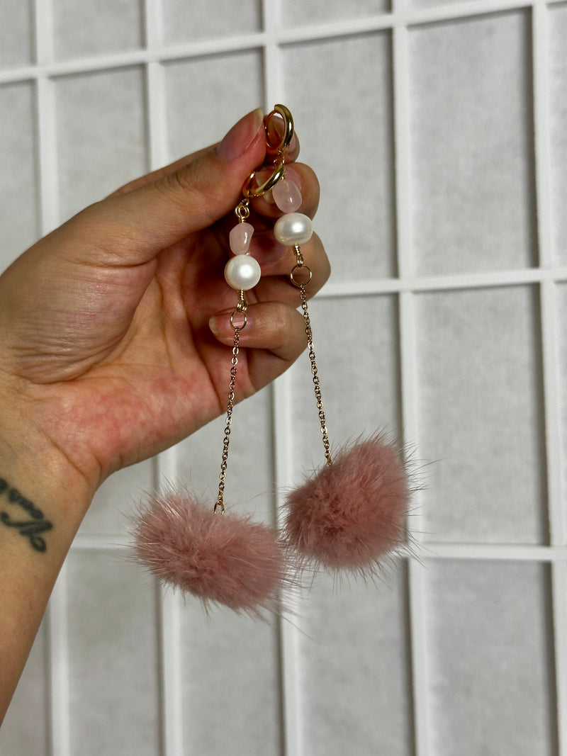 “Fluffin” Rose Quartz & Pearls Pom Pom Huggies