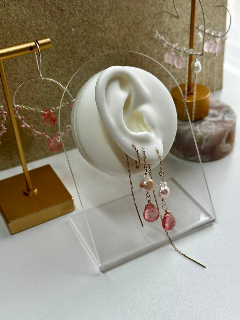 14k Solid Gold Pair of Threaders with Herkimer Diamond, Pearls & Strawberry Quartz