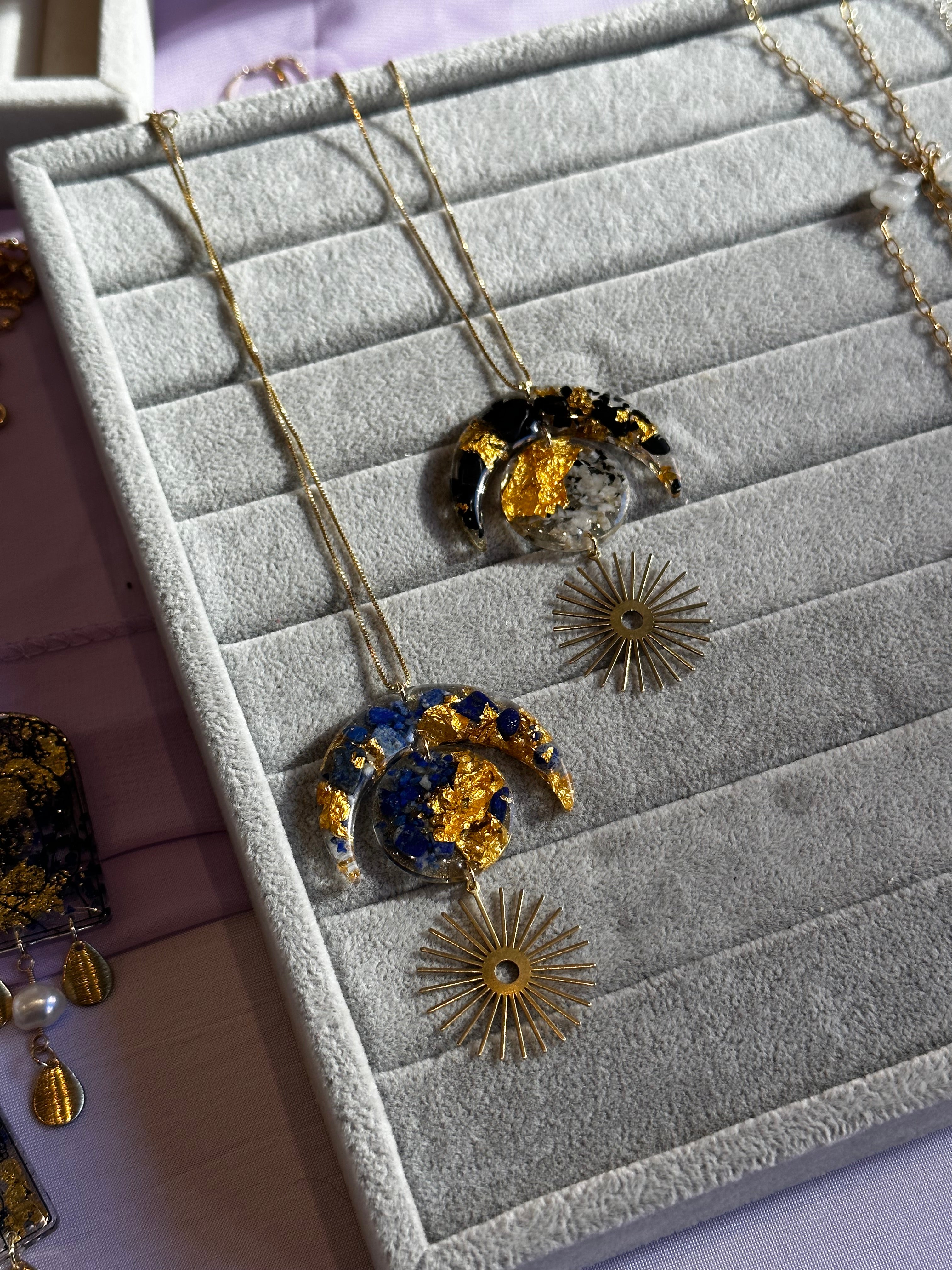 "Balanced Goddess" Real 24k Gold flakes, Shungite, Black Tourmaline and Moonstone & Lapis Lazuli Gold Filled Necklaces