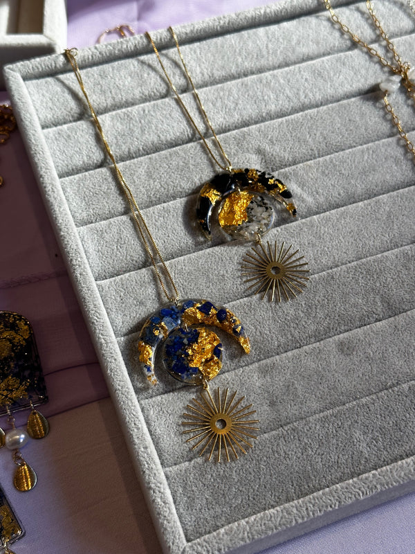 "Balanced Goddess" Real 24k Gold flakes, Shungite, Black Tourmaline and Moonstone & Lapis Lazuli Gold Filled Necklaces