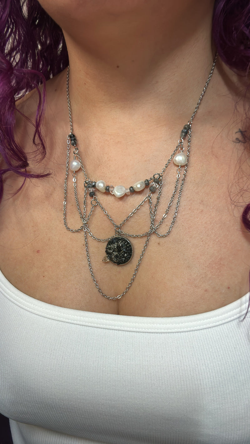 “Noche" Black Tourmaline, Petroleum Quartz, Black Labradorite, Herkimer Diamond & Pearls Stainless Steel Necklace