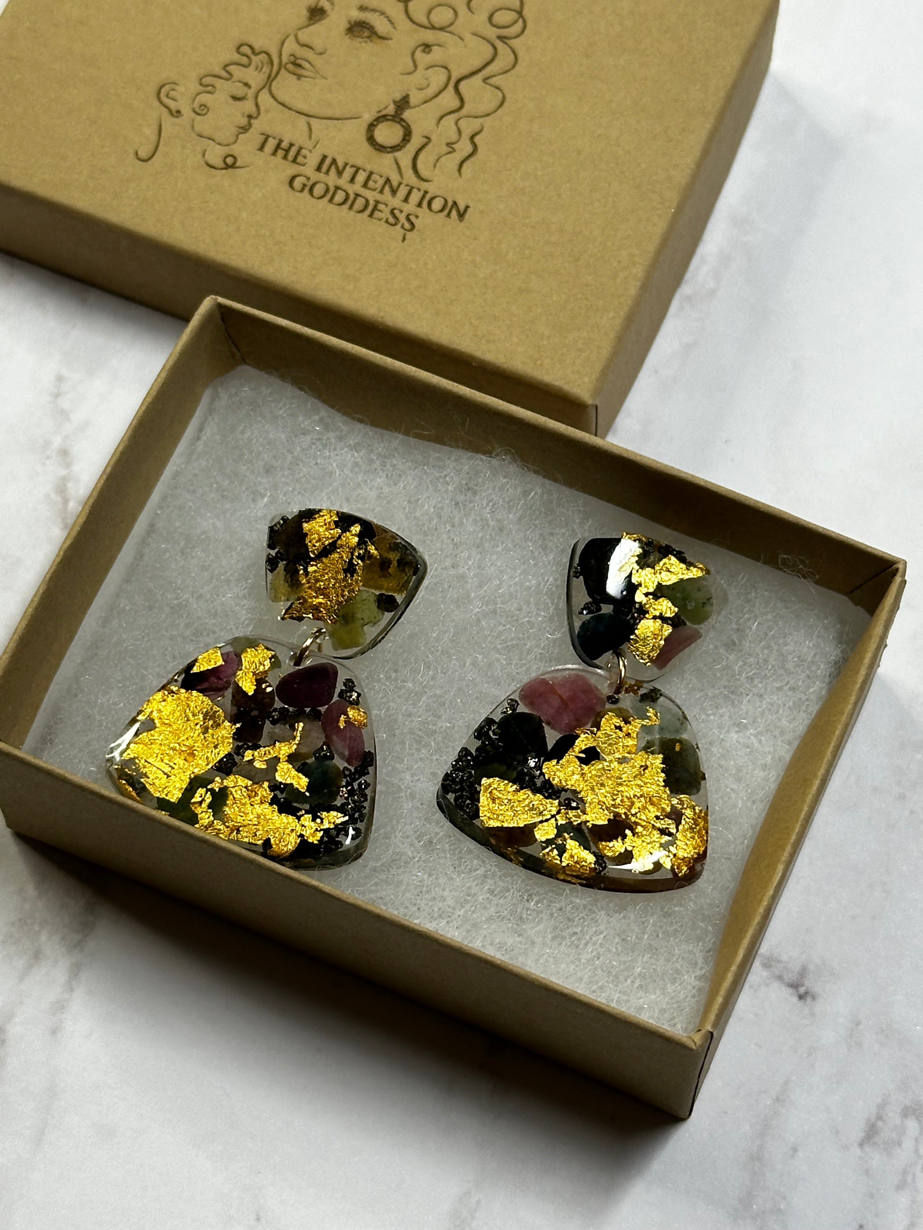 24k Gold with Watermelon Tourmaline & Pyrite Stainless Studs