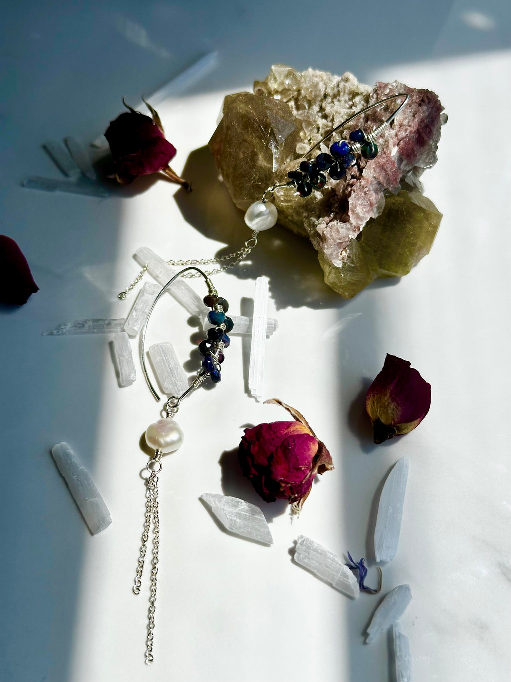 Black Opal & Pearl Sterling Silver Dangle Earrings