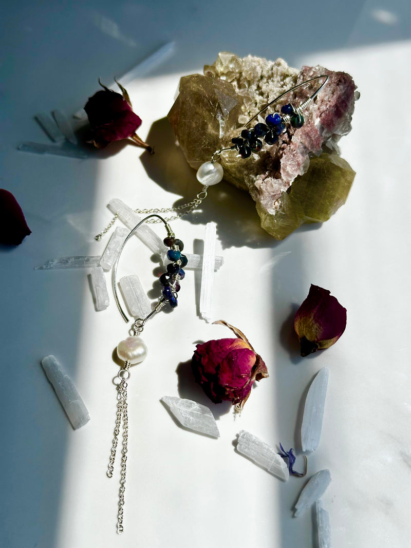 Black Opal & Pearl Sterling Silver Dangle Earrings