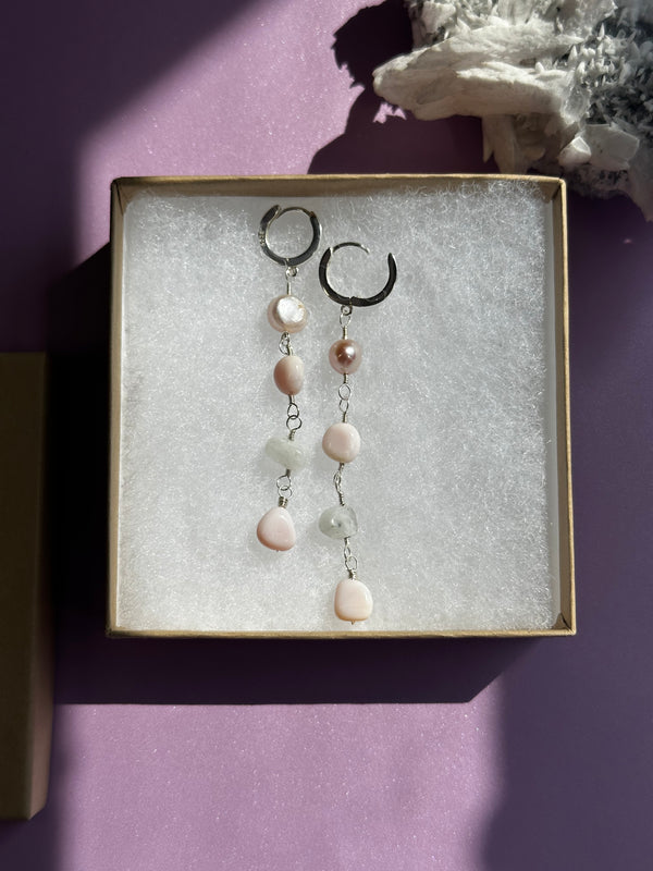 The Silver Drop Moonstone, Pink Opal & Pearl Sterling Silver Huggies