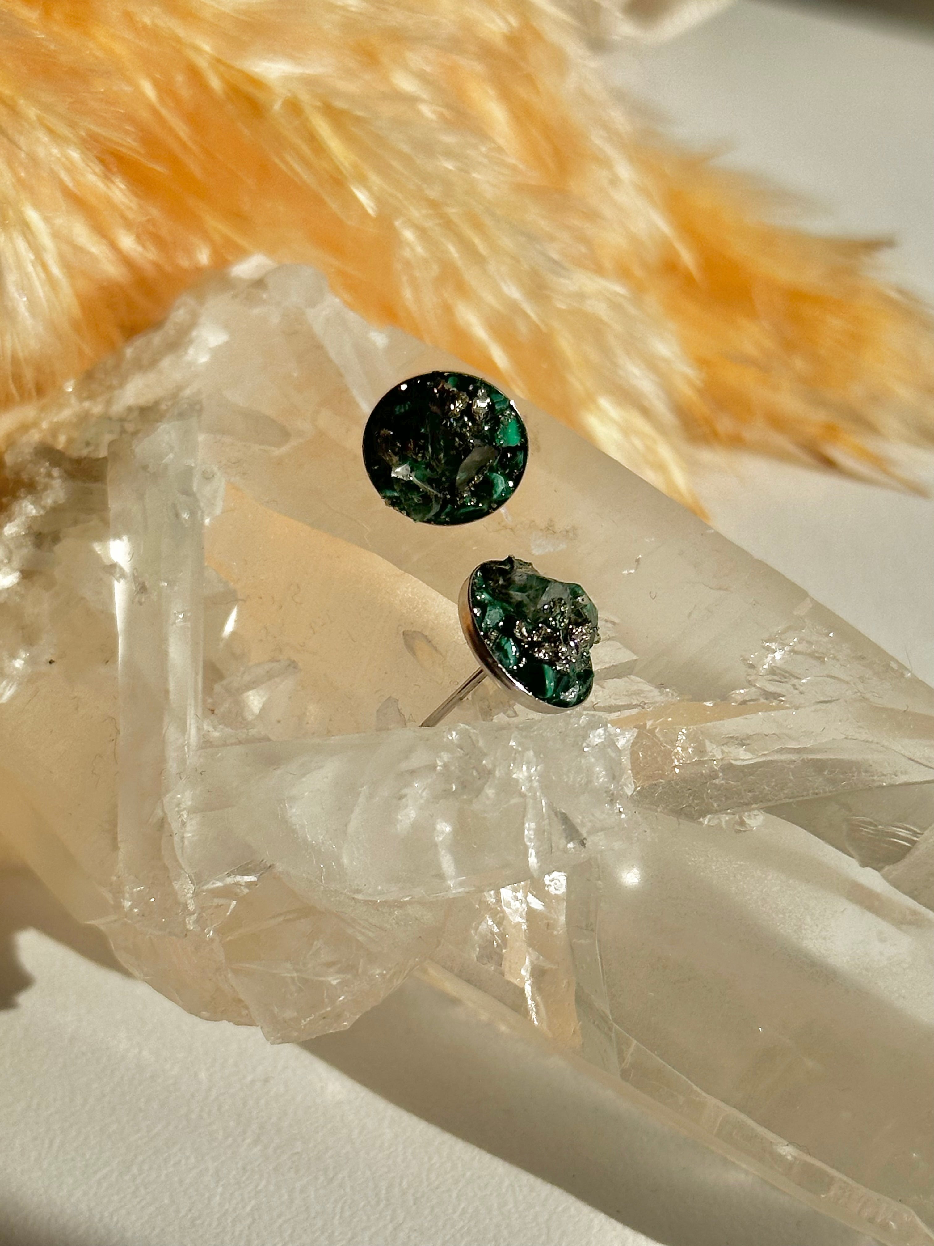 “Rawness” Herkimer Diamond, Malachite & Pyrite Sterling Silver Studs