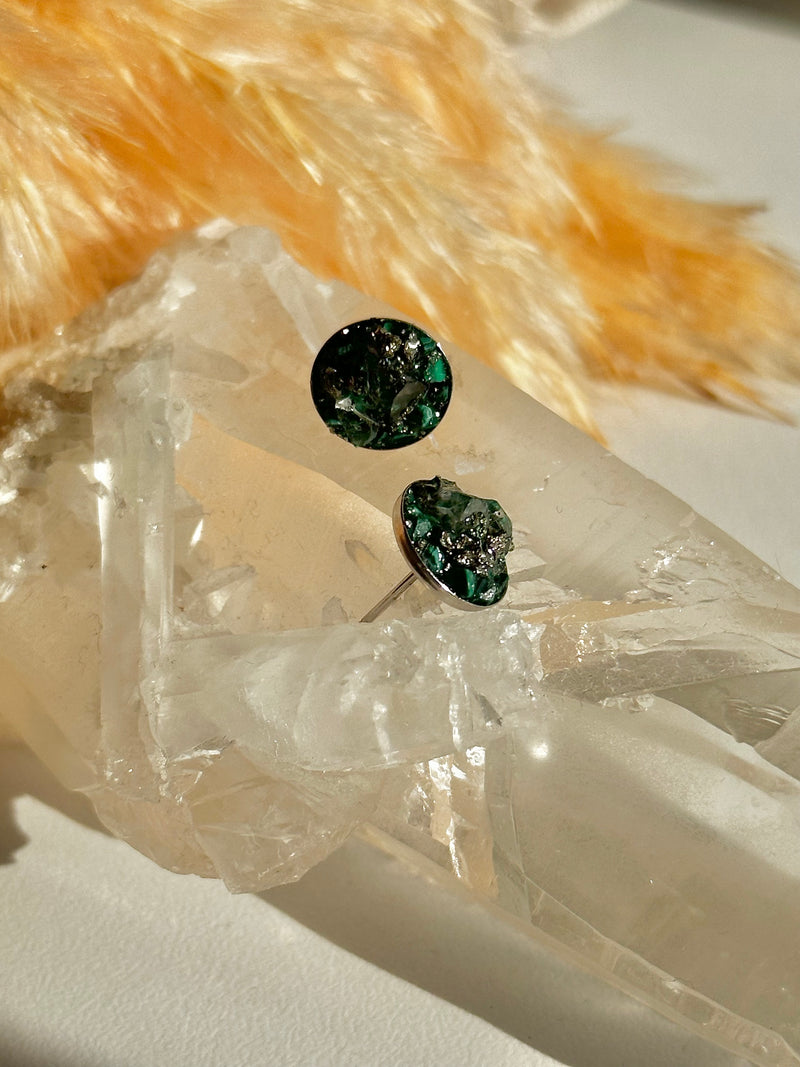 “Rawness” Herkimer Diamond, Malachite & Pyrite Sterling Silver Studs