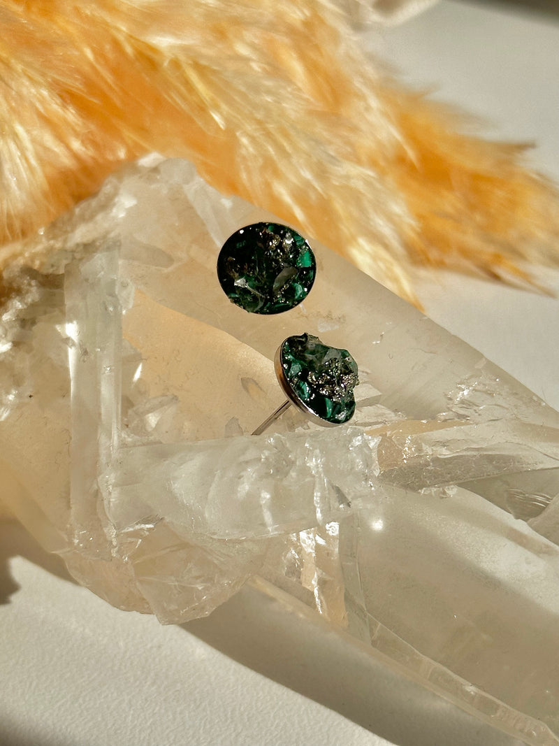“Rawness” Herkimer Diamond, Malachite & Pyrite Studs
