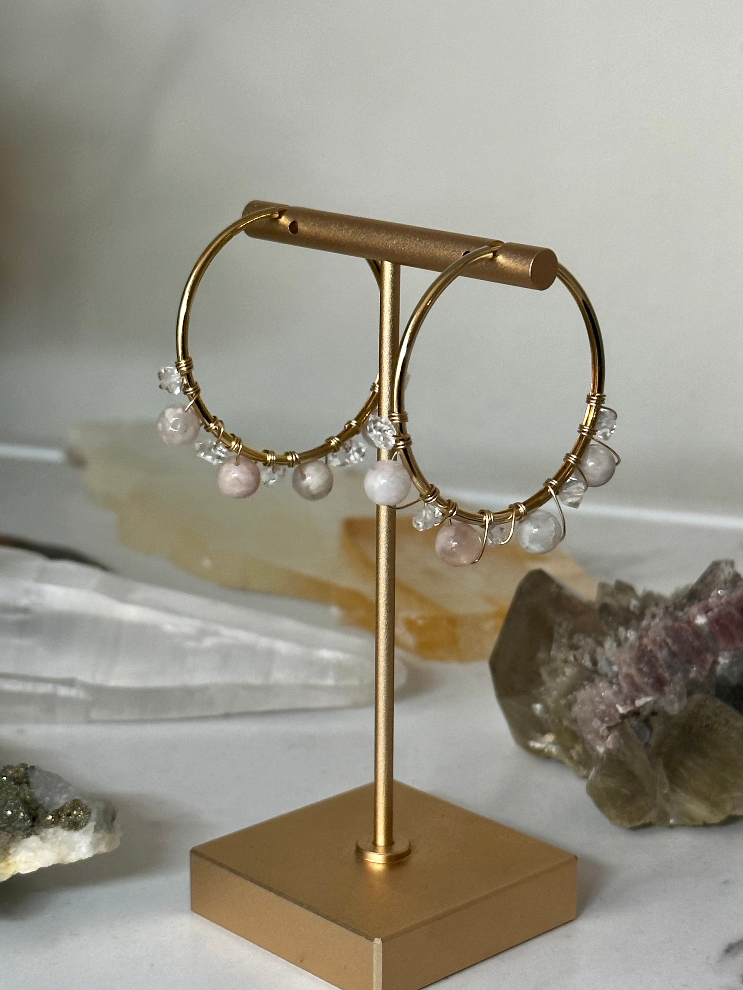 Flower Agate and Herkimer or Citrine and Opal Gold Filled Hoops