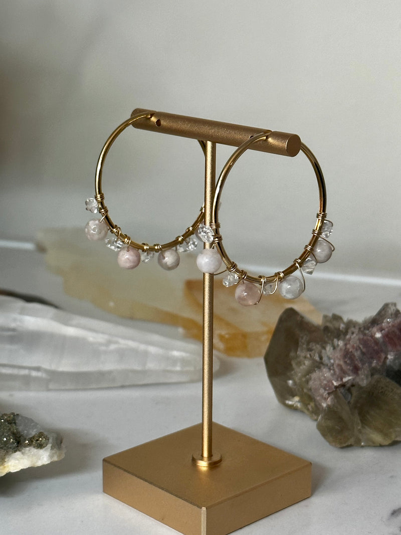 Flower Agate & Herkimer Diamonds Gold Filled Hoops