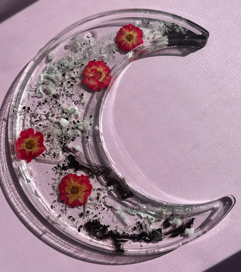 Moonstone, Selenite & Roses Black Moon Charging Tray