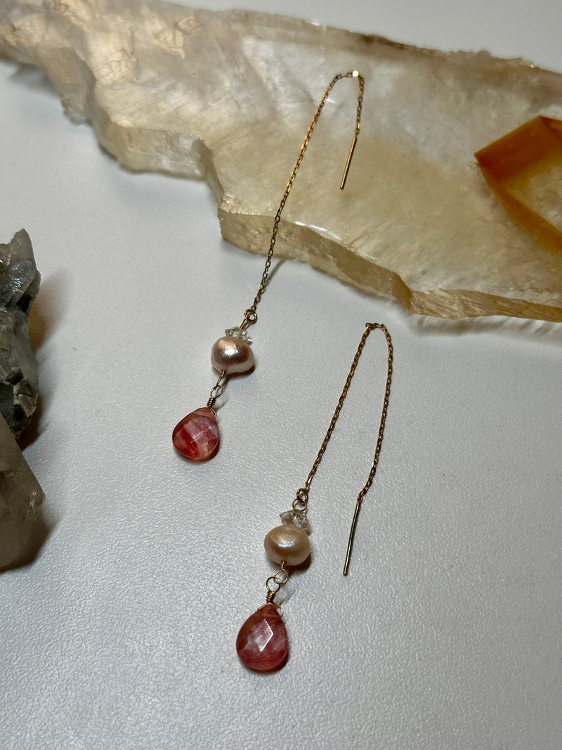 14k Solid Gold Pair of Threaders with Herkimer Diamond, Pearls & Strawberry Quartz