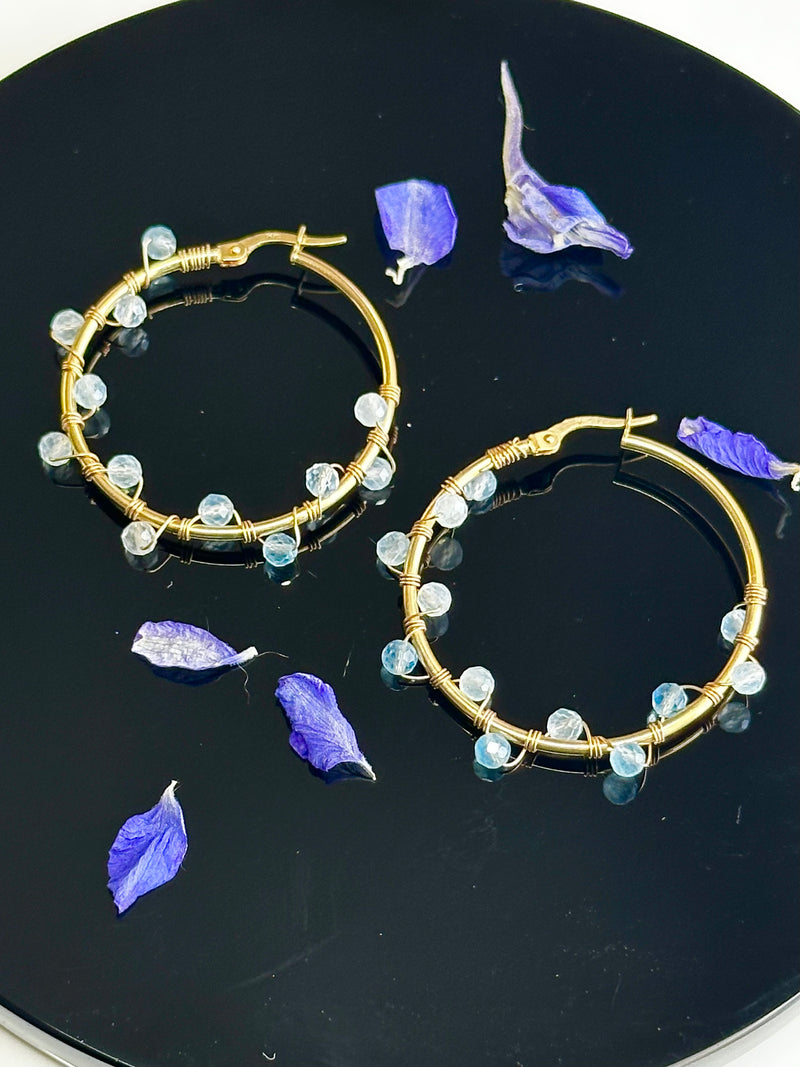 14k Solid Gold Aquamarine Hoops