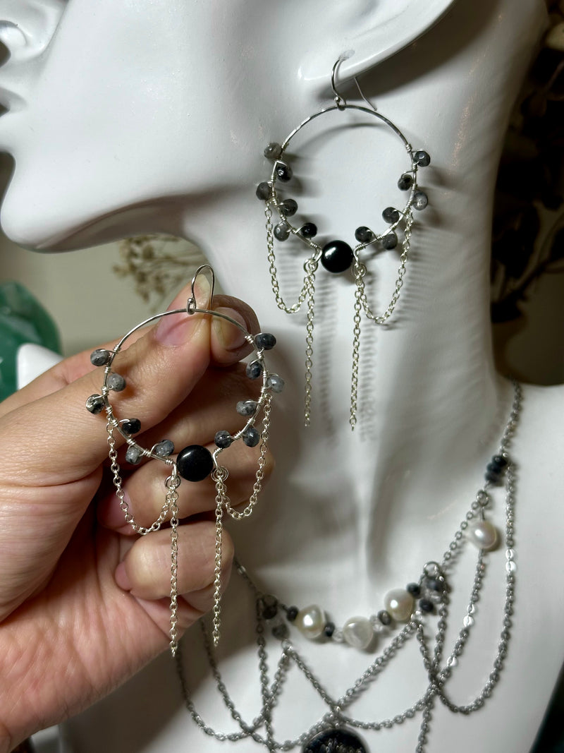 “The Intention Goddess” Black Labradorite &  Shungite Sterling Silver Dangle Earrings