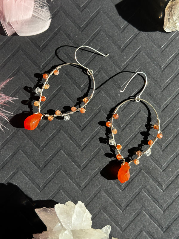 Carnelian, Sunstone & Herkimer Wired Sterling Silver Earrings
