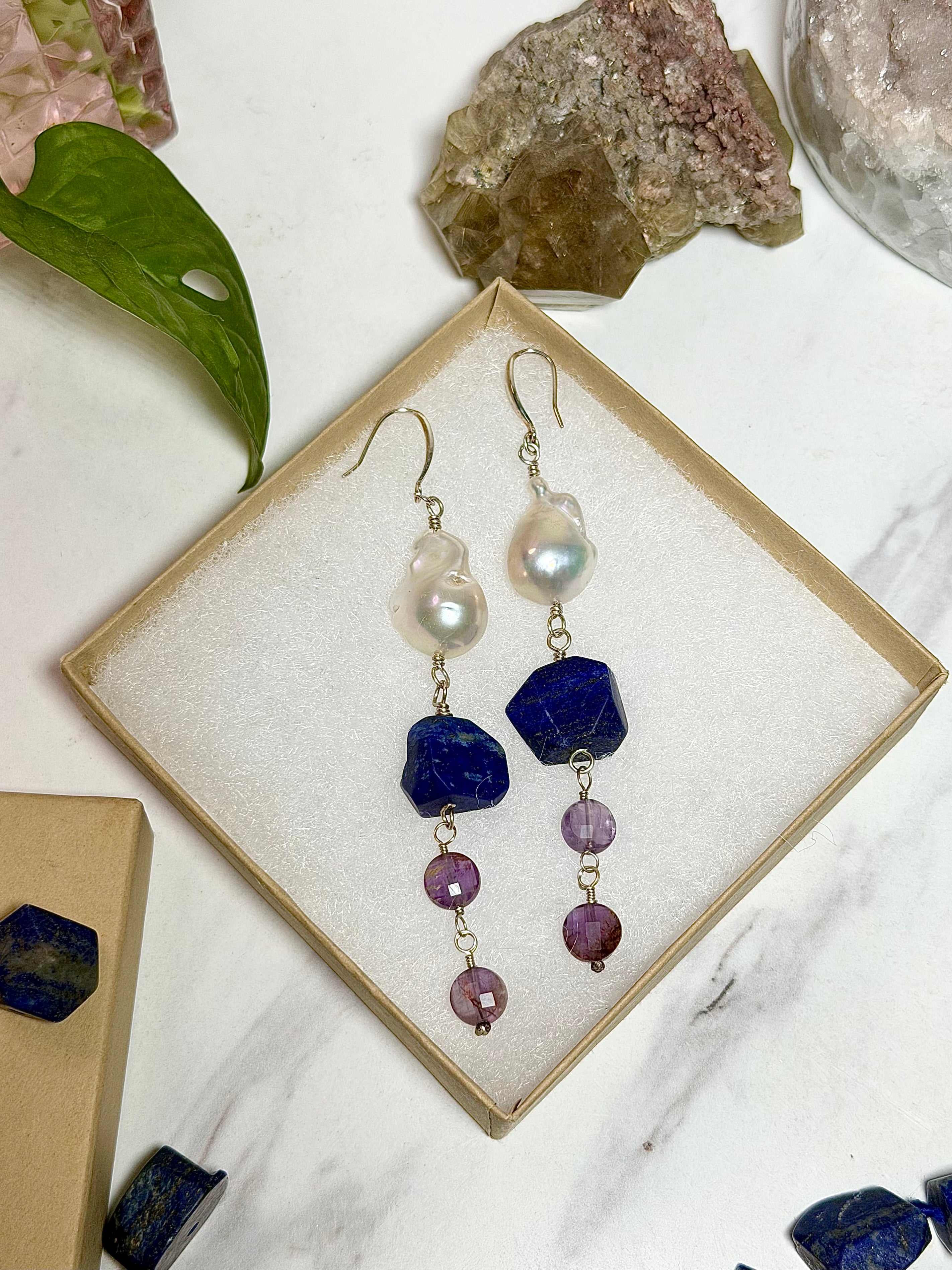 Baroque Pearl, Lapis Lazuli & Super 7 Sterling Silver Dangle Earrings