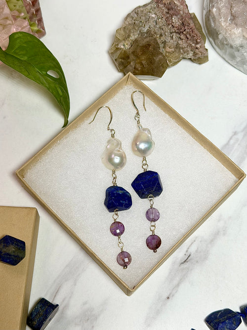 Baroque Pearl, Lapis Lazuli & Super 7 Sterling Silver Dangle Earrings