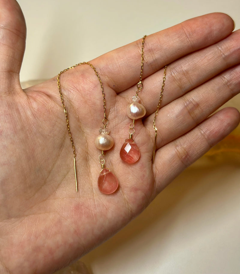 14k Solid Gold Pair of Threaders with Herkimer Diamond, Pearls & Strawberry Quartz