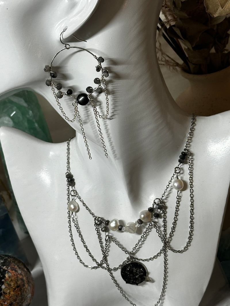 “The Intention Goddess” Black Labradorite &  Shungite Sterling Silver Dangle Earrings