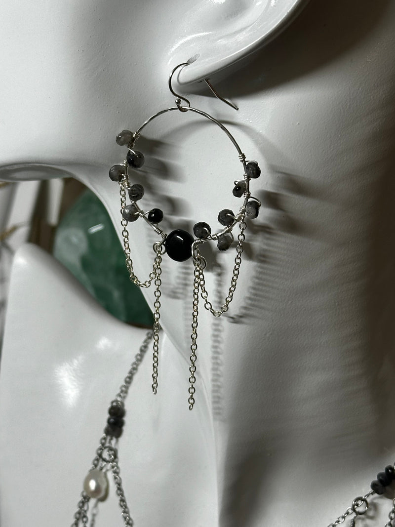 “The Intention Goddess” Black Labradorite &  Shungite Sterling Silver Dangle Earrings