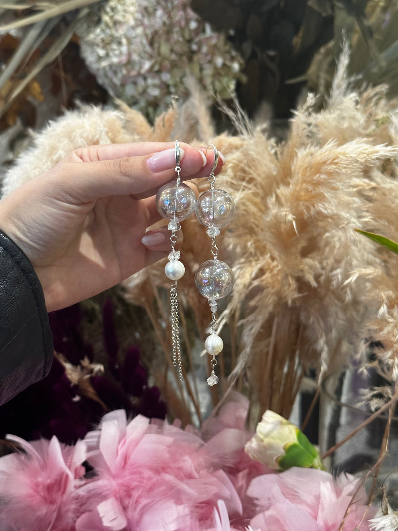 “The Crystal Ball” Moonstone, Herkimer Diamond & Pearl Sterling Silver Asymmetrical Earrings